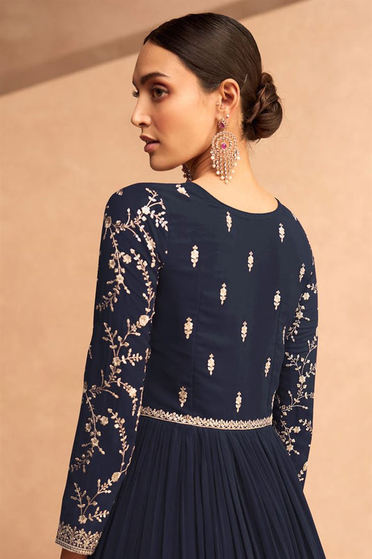 Georgette Fabric Function Wear Wondrous Anarkali Suit In Navy Blue Color