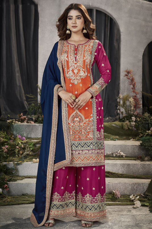Chinon Fabric Embroidered Festive Wear Readymade Punjabi Style Palazzo Suit In Orange Color
