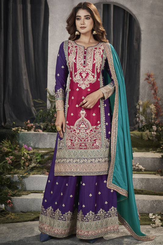 Rani Color Embroidered Festive Wear Readymade Punjabi Style Palazzo Suit In Chinon Fabric
