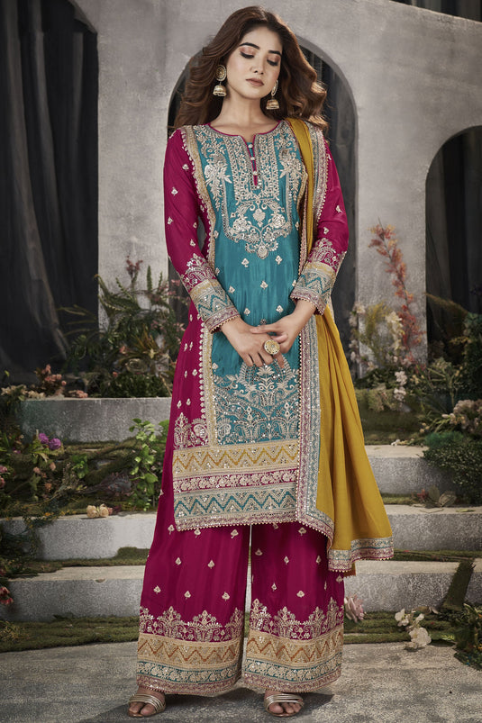 Embroidered Cyan Color Festive Wear Readymade Punjabi Style Palazzo Suit In Chinon Fabric