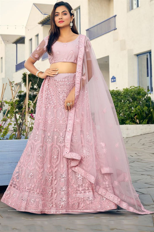 Fancy Fabric Captivating Pink Color Embroidered Lehenga