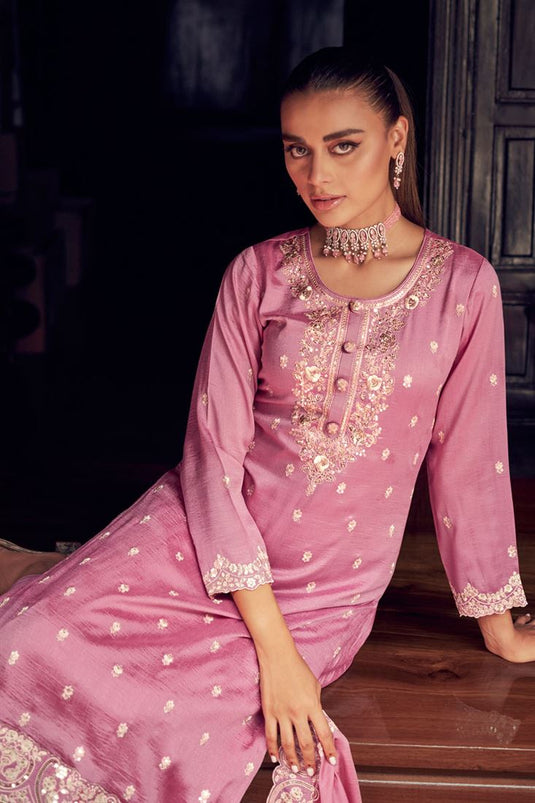 Silk Fabric Embroidered Beatific Salwar Suit In Pink Color