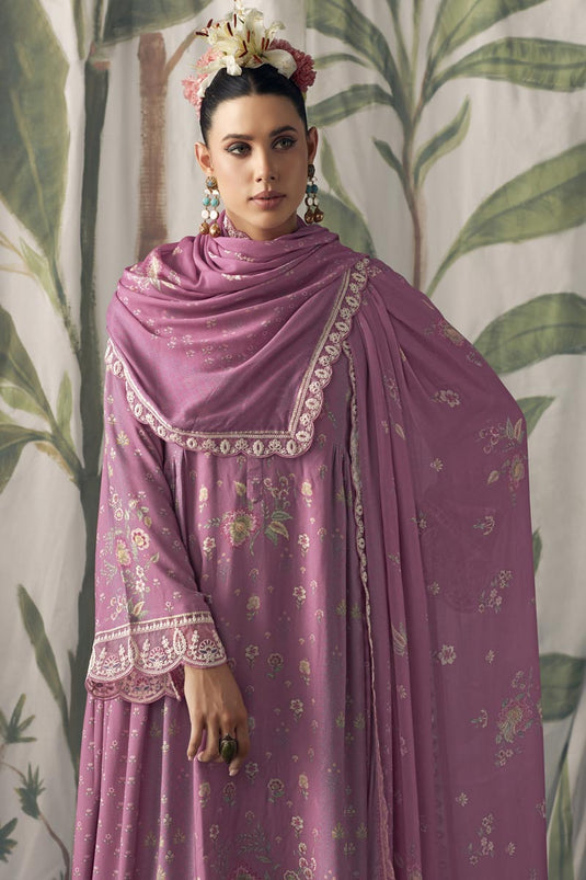Pure Muslin Fabric Fancy Digital Print Function Wear Pakistani Suit In Pink Color