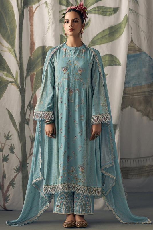 Cyan Color Festive Wear Digital Print Pakistani Suit In Pure Muslin Fabric