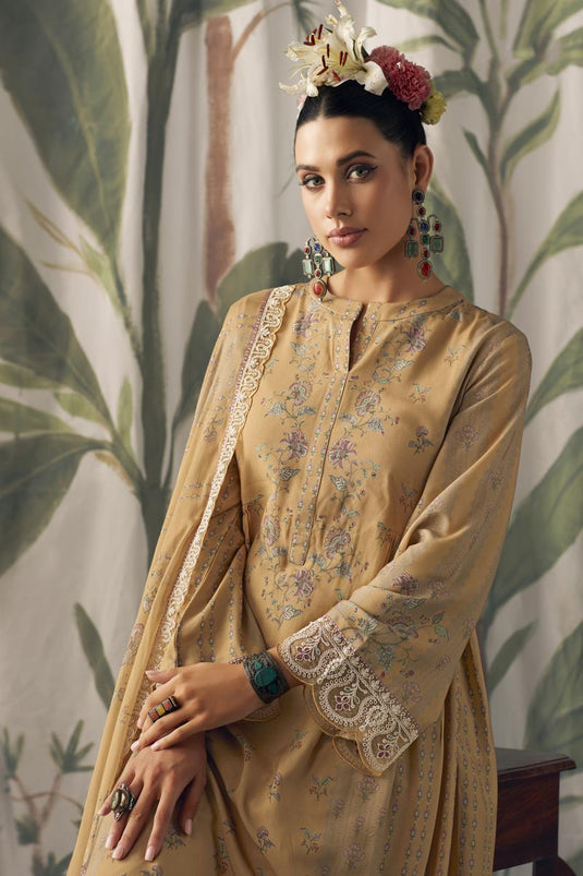 Function Wear Beige Color Digital Print Pakistani Suit In Pure Muslin Fabric