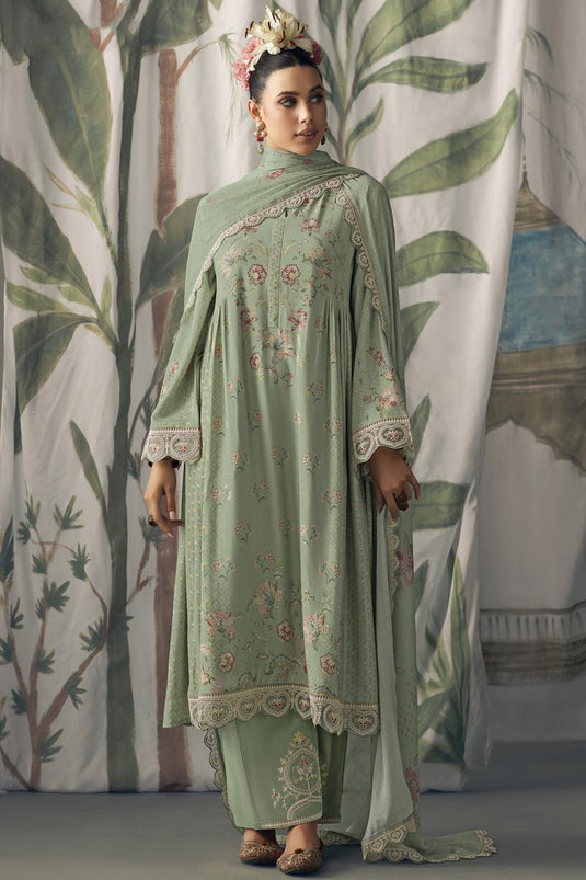 Digital Print Festive Wear Pakistani Suit In Pure Muslin Fabric Sea Green Color