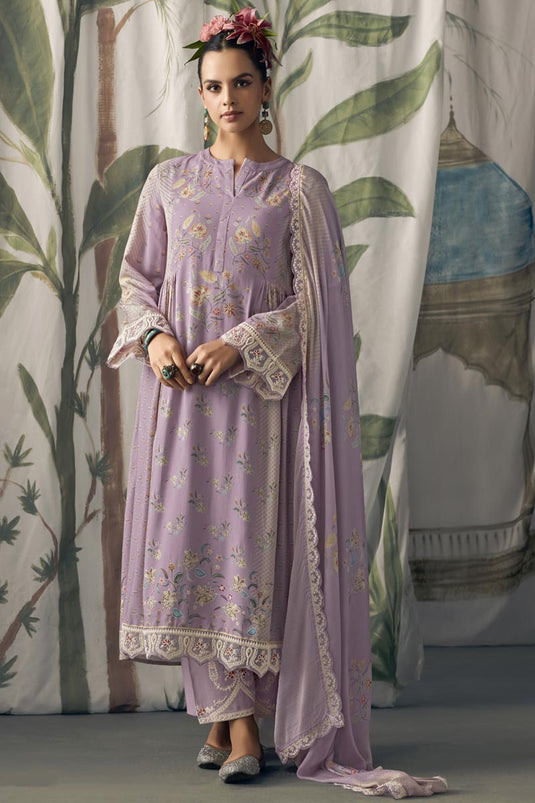 Lavender Color Function Wear Digital Print Pakistani Suit In Pure Muslin Fabric