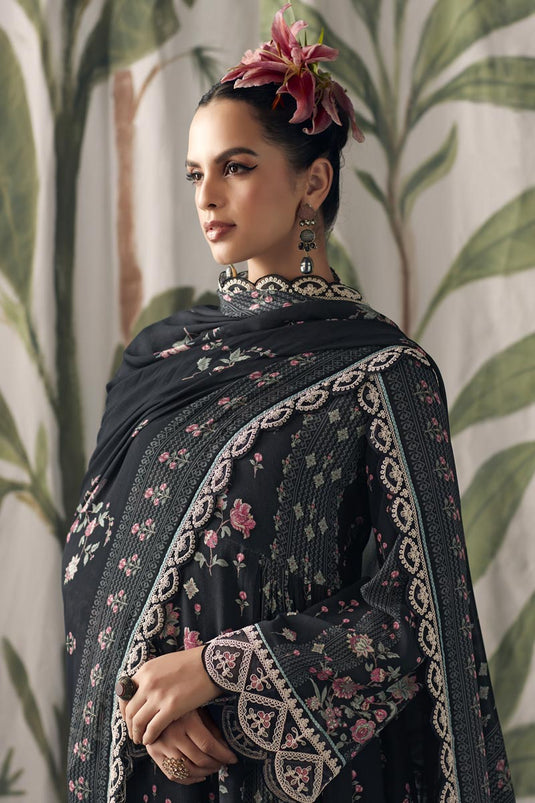 Festive Wear Digital Print Pure Muslin Fabric Pakistani Suit In Black Color
