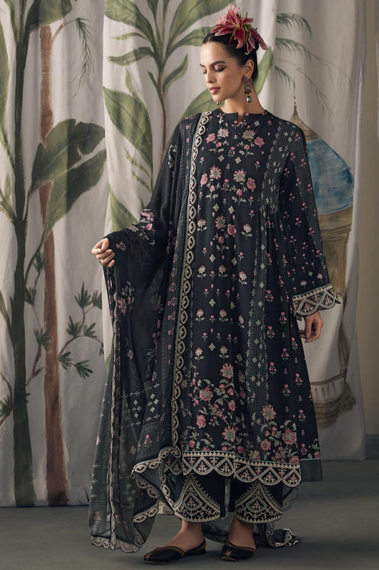 Festive Wear Digital Print Pure Muslin Fabric Pakistani Suit In Black Color