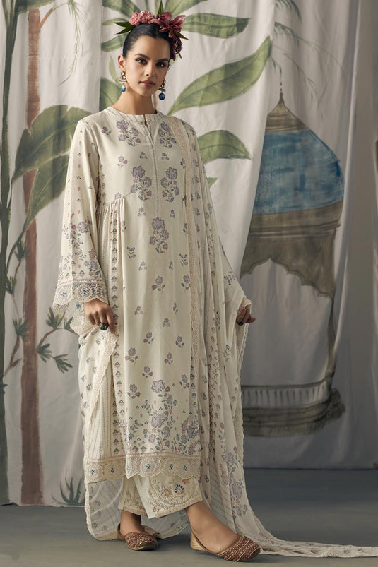 Pure Muslin Fabric Digital Print Cream Color Festive Wear Salwar Suit