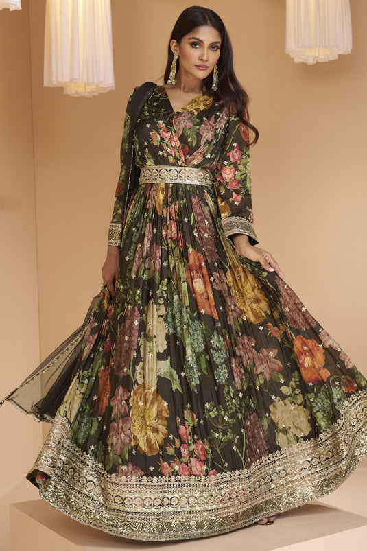 Georgette Fabric Printed Multi Color Readymade Long Anarkali Style Gown With Dupatta