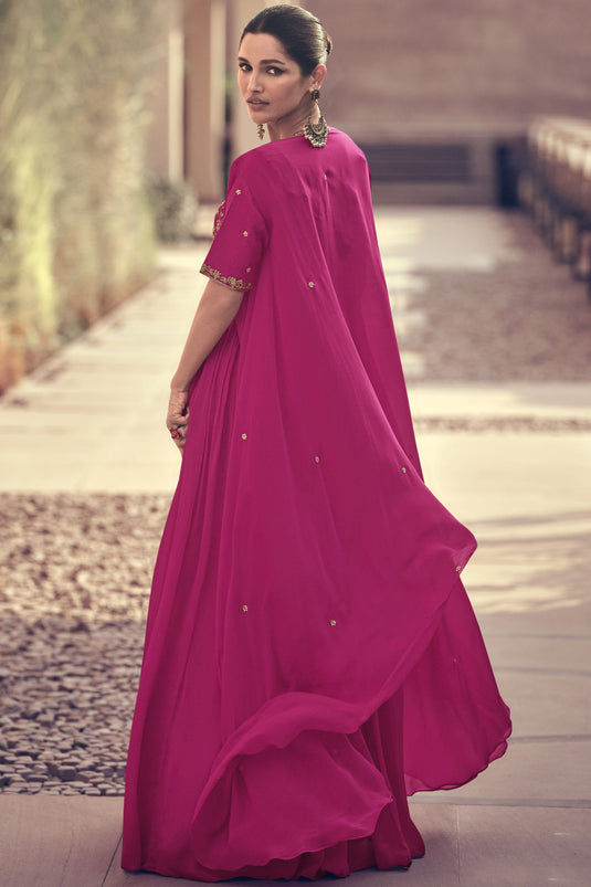 Vartika Singh Rani Color Fashionable Readymade Gown With Shrug In Chinon Silk Fabric