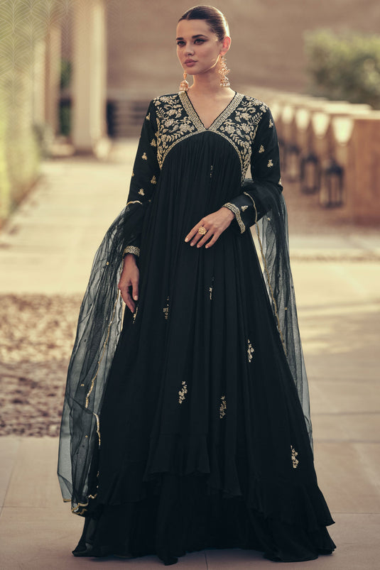 Eugeniya Belousova Chinon Silk Fabric Glamorous Readymade Gown With Dupatta In Black Color