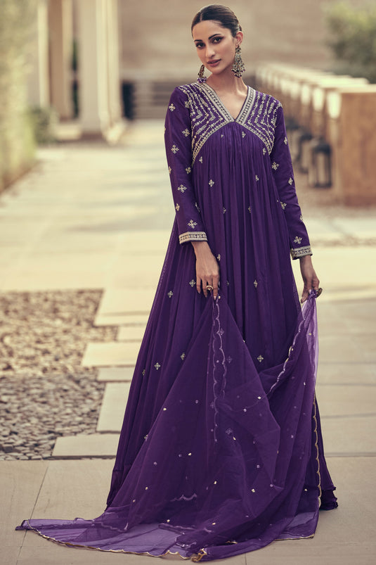 Diksha Singh Chinon Silk Fabric Magnificent Readymade Gown With Dupatta In Purple Color