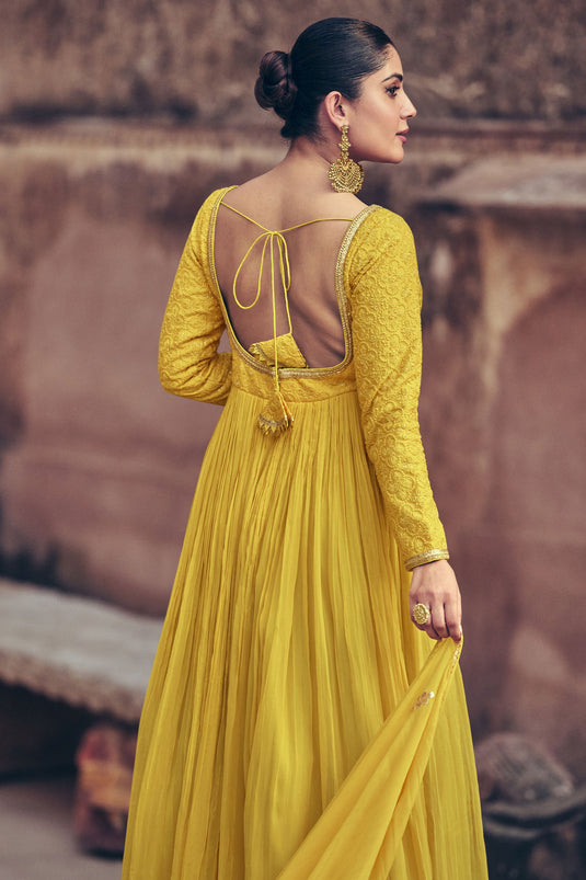 Yellow Color Luminous Party Style Readymade Gown With Dupatta In Georgette Fabric