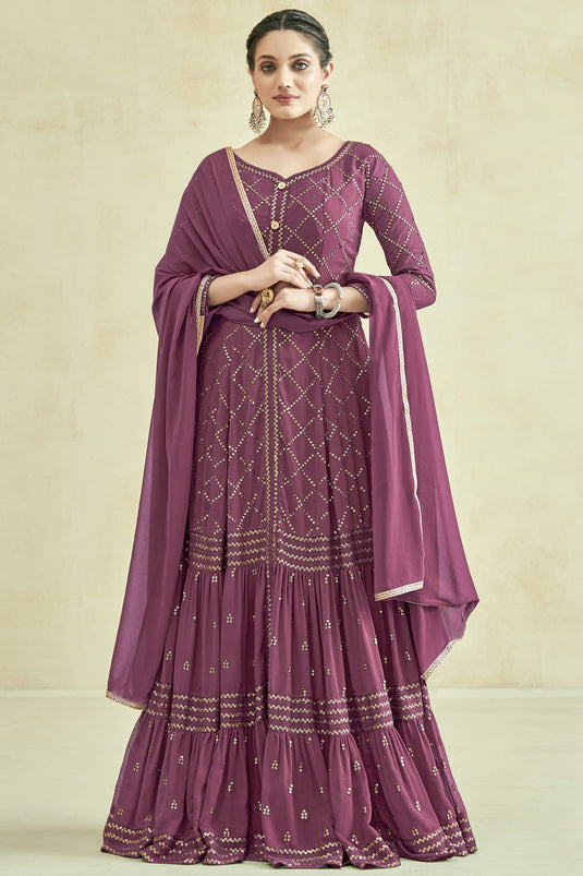 Wine Color Georgette Fabric Embroidered Function Wear Readymade Long Anarkali Style Gown