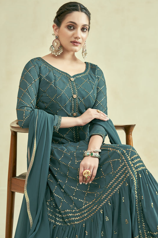 Georgette Fabric Green Color Festive Wear Embroidered Readymade Long Anarkali Style Gown