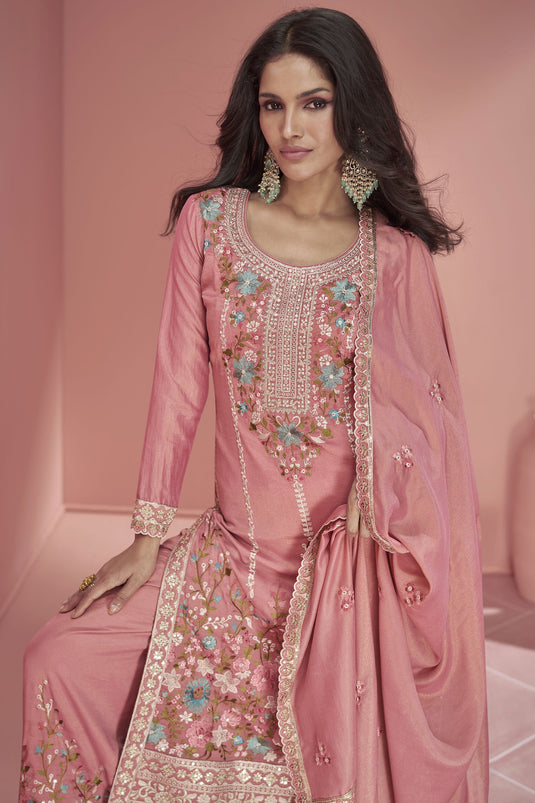 Vartika Singh Pink Color Organza Fabric Beautiful Readymade Palazzo Suit