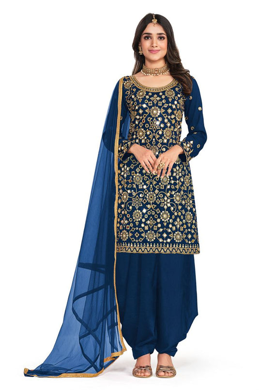 Engaging Blue Color Art Silk Fabric Patiala Suit With Embroidered Work