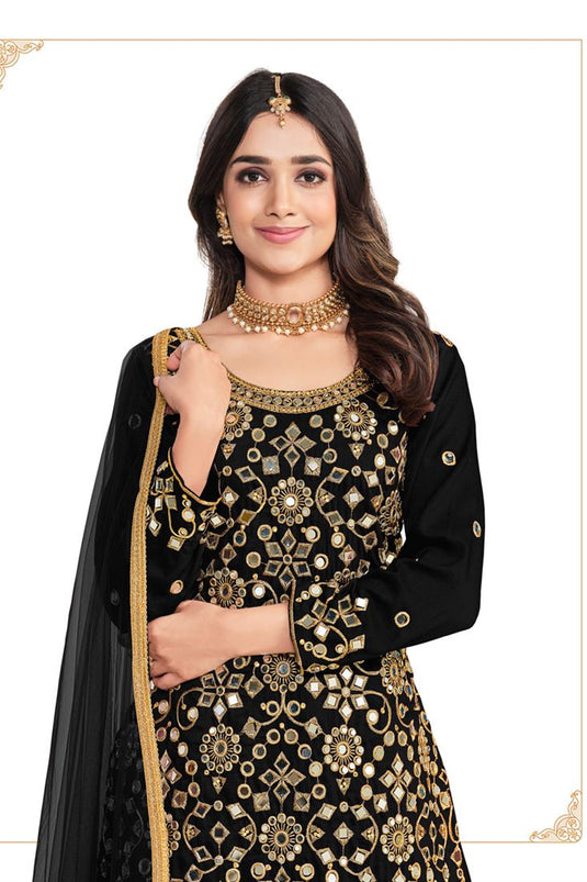 Classic Embroidered Designs On Black Color Patiala Suit In Art Silk Fabric