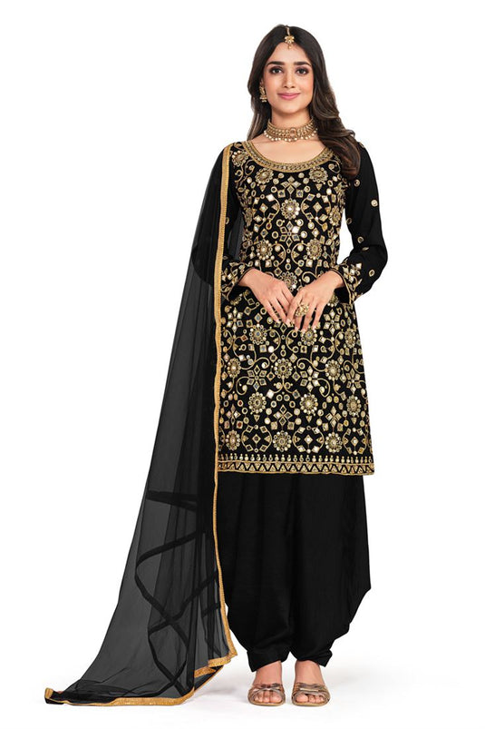 Classic Embroidered Designs On Black Color Patiala Suit In Art Silk Fabric