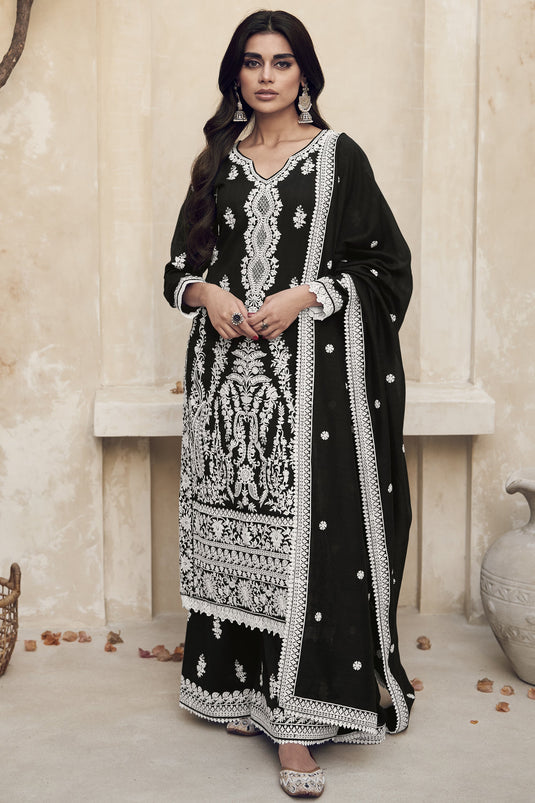 Black Color Art Silk Fabric Fancy Embroidered Function Wear Readymade Palazzo Salwar Suit