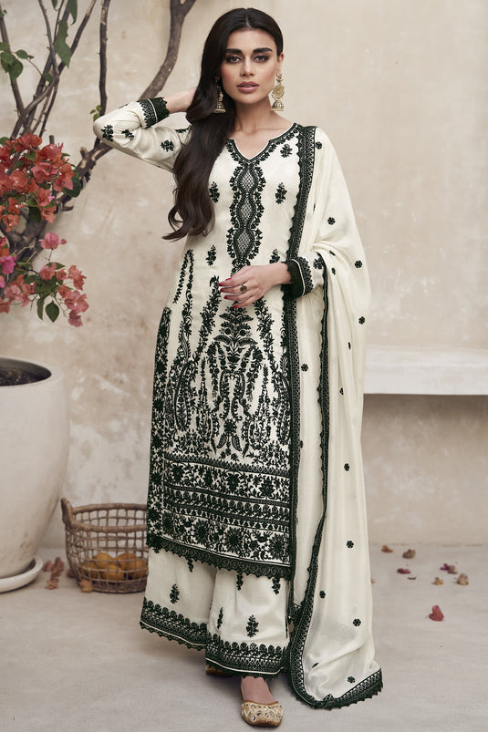 Art Silk Fabric Off White Color Festive Wear Embroidered Readymade Palazzo Salwar Kameez