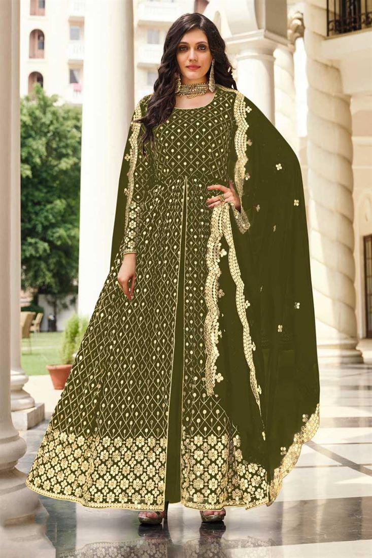 Mehendi Green Color Silk Embroidery Traditional Party Sarees | Heenastyle