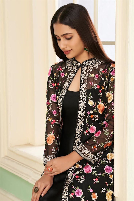 Black Color Tempting Georgette Jacket Style Salwar Suit