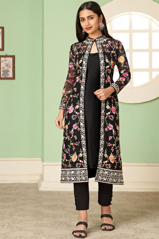 Black Color Tempting Georgette Jacket Style Salwar Suit