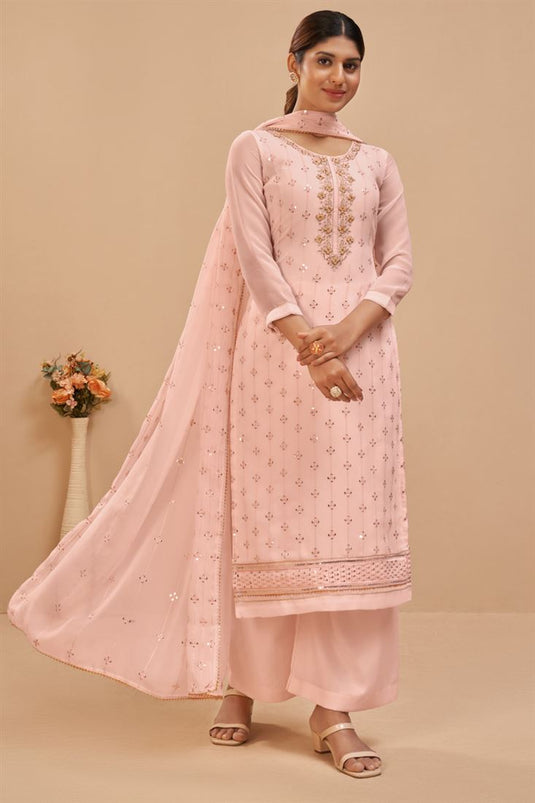 Exquisite Embroidered Work On Peach Color Georgette Fabric Casual Wear Straight Palazzo Suit