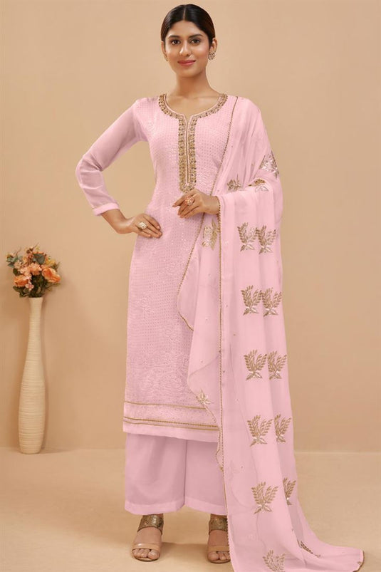 Radiant Georgette Fabric Sequins Work Pink Color Palazzo Suit