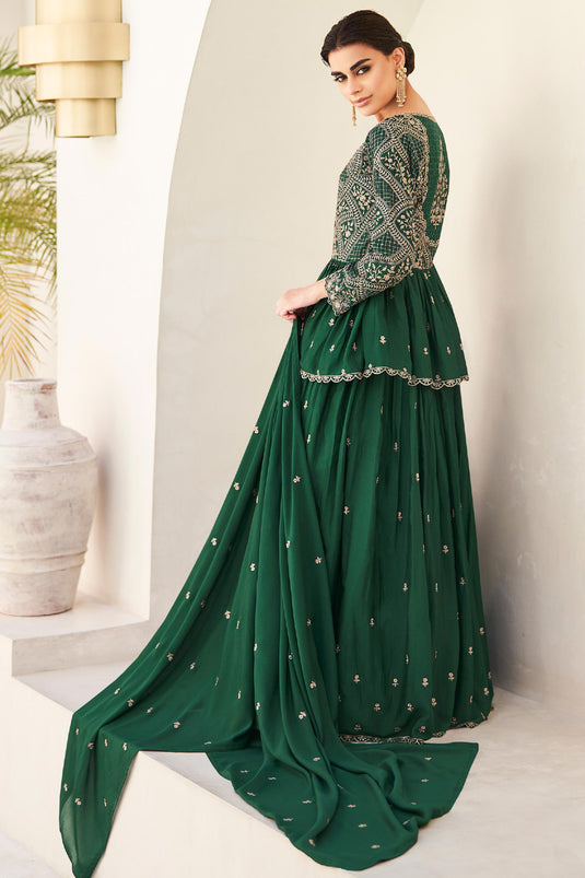 Chinon Silk Fabric Green Color Wedding Wear Readymade Sharara Top Lehenga With Embroidery Work