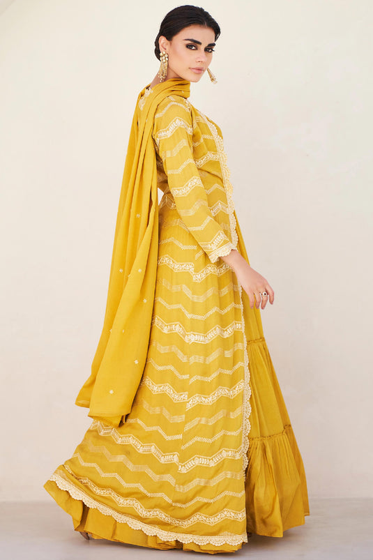Mustard Yellow Designer Gown With Heavy Embroidery And 5MM Sequence Worked  – Kaleendi