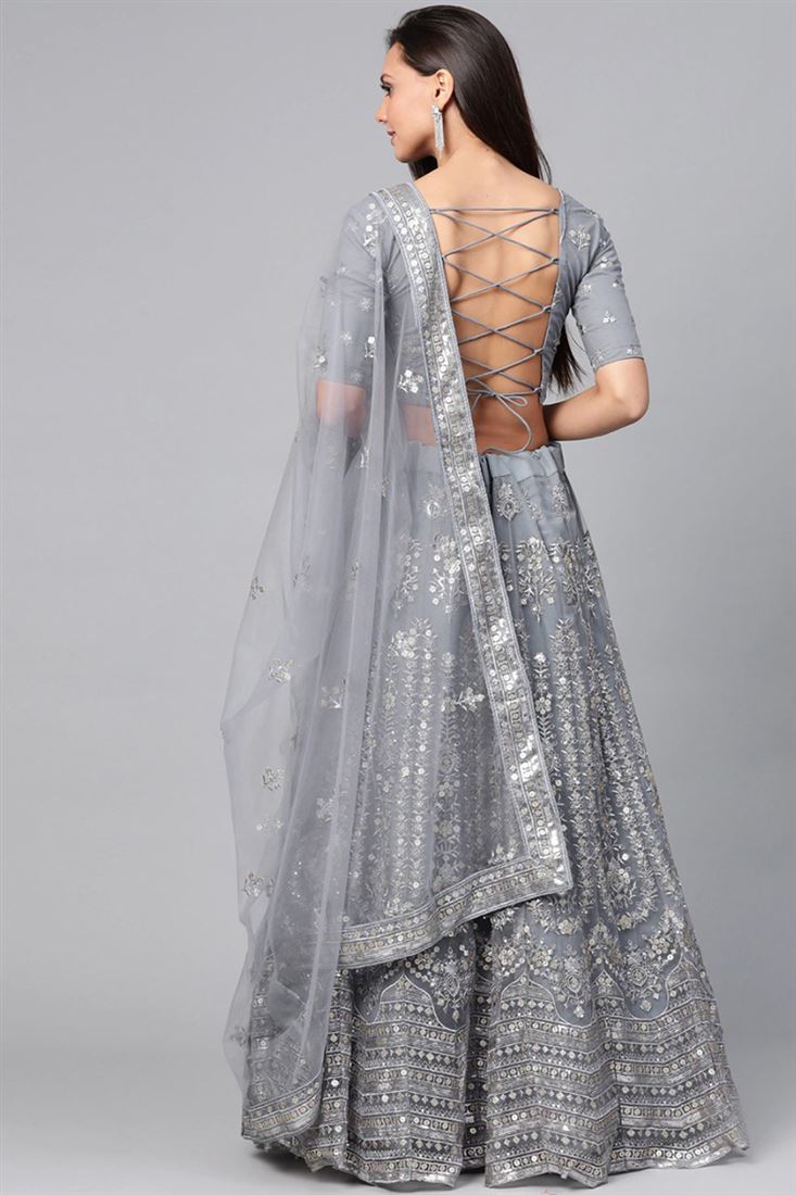 Grey Color Designer Bridal Lehenga Choli With Embroidery Work Net Fabric