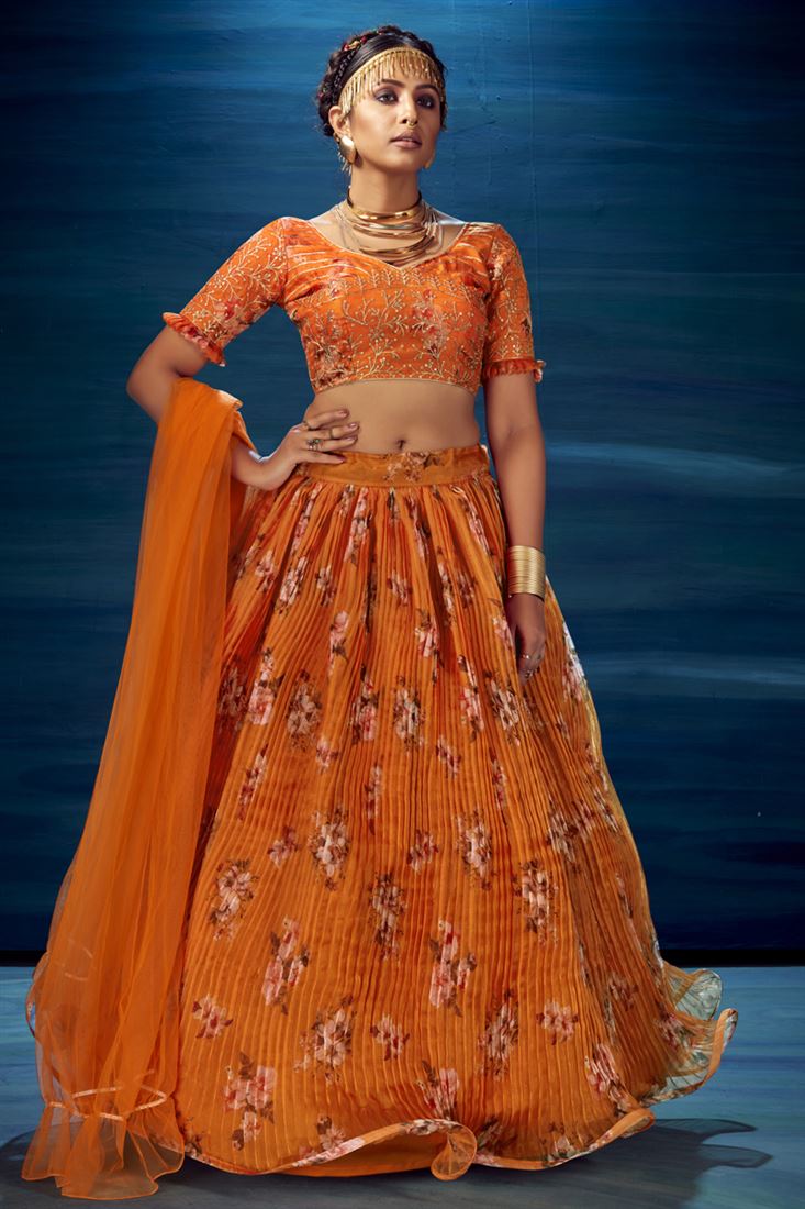 Organza Fabric Function Wear Orange Color Printed Work Designer Lehenga