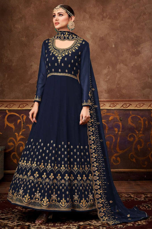 Embellished Navy Blue Color Embroidered Georgette Anarkali Suit