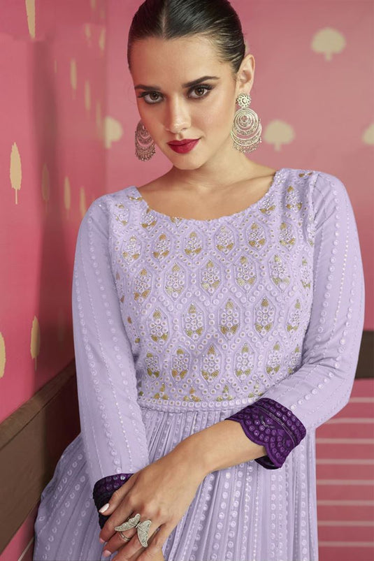 Georgette Fabric Brilliant Embroidered Work Palazzo Suit In Lavender Color