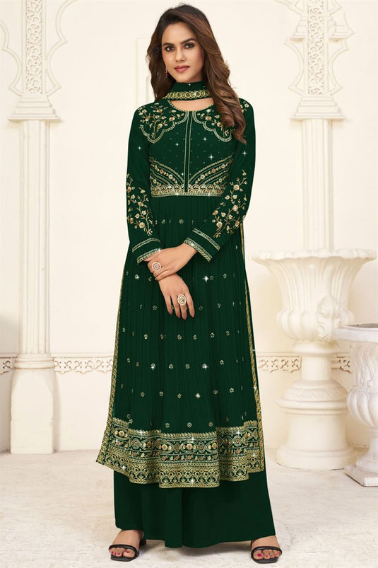 Georgette Fabric Captivating Dark Green Color Palazzo Suit