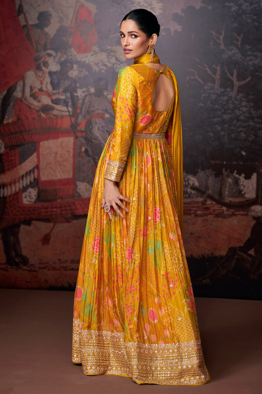 Georgette Fabric Fancy Printed Function Wear Readymade Anarkali Salwar Kameez In Mustard Color