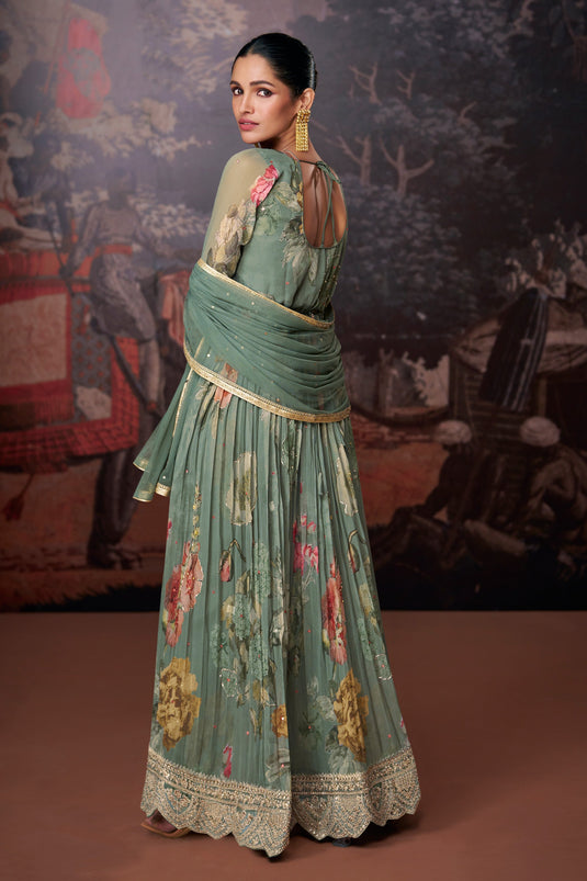 Grey Color Festive Wear Printed Readymade Anarkali Salwar Suit In Georgette Fabric