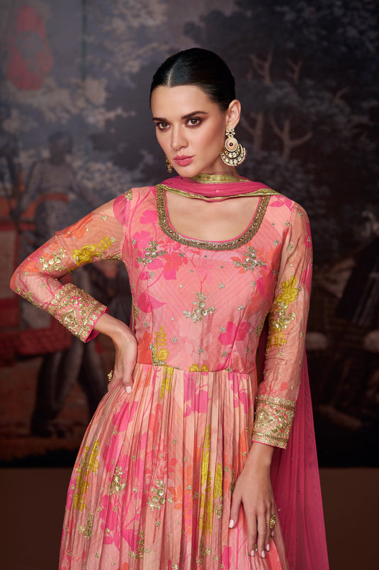 Function Wear Pink Color Printed Readymade Anarkali Suit In Georgette Fabric