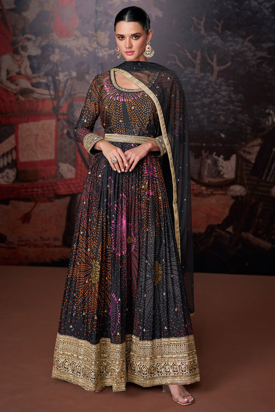Printed Festive Wear Readymade Anarkali Salwar Kameez In Georgette Fabric Black Color