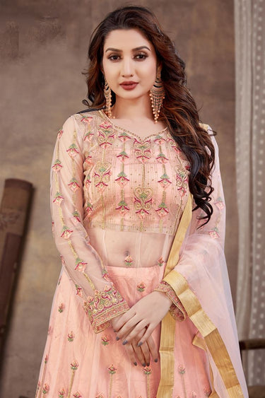 Peach Color Attractive Net Fabric Sharara Top Lehenga In Function Wear