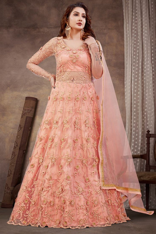 Net Fabric Peach Color Embroidered Work Elegant Anarklai Suit