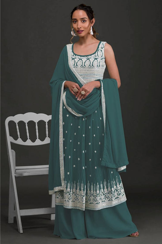 Georgette Thread Work Teal Color Palazzo Suit