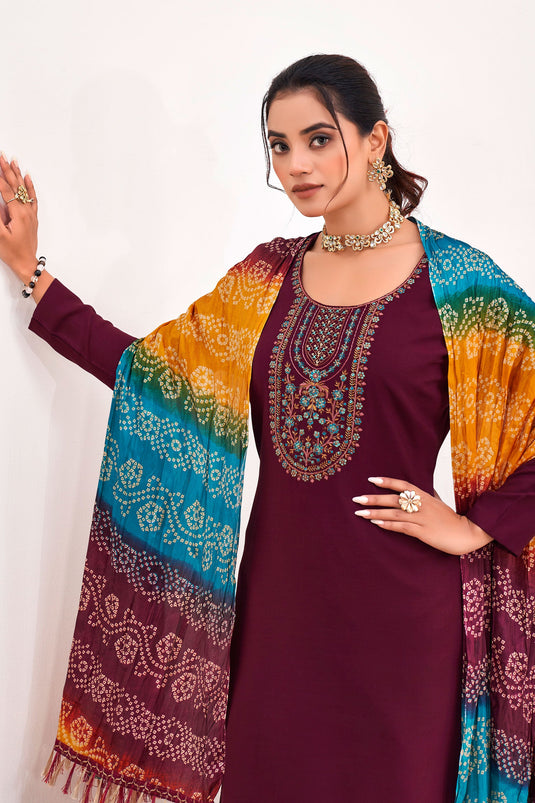 Casual Maroon Color Inventive Salwar Suit In Rayon Fabric
