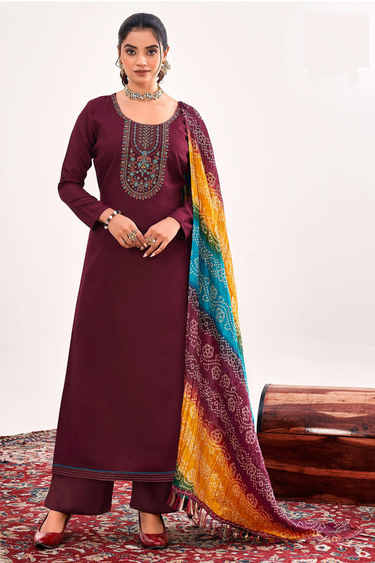 Casual Maroon Color Inventive Salwar Suit In Rayon Fabric