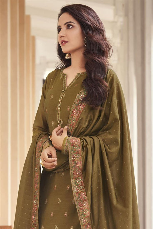 Jasmin Bhasin Dazzling Jacquard Fabric Mehendi Green Color Salwar Suit