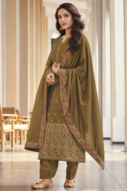 Jasmin Bhasin Dazzling Jacquard Fabric Mehendi Green Color Salwar Suit
